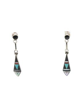 Delberta Boone Zuni Native American Turquoise Inlay Sterling Dangle Earrings
